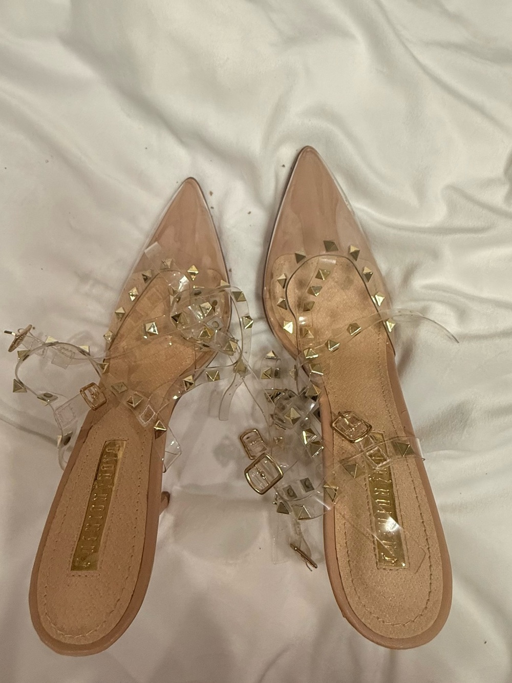 Fashion Nova Clear Studded Pointed-Toe Nude Heels